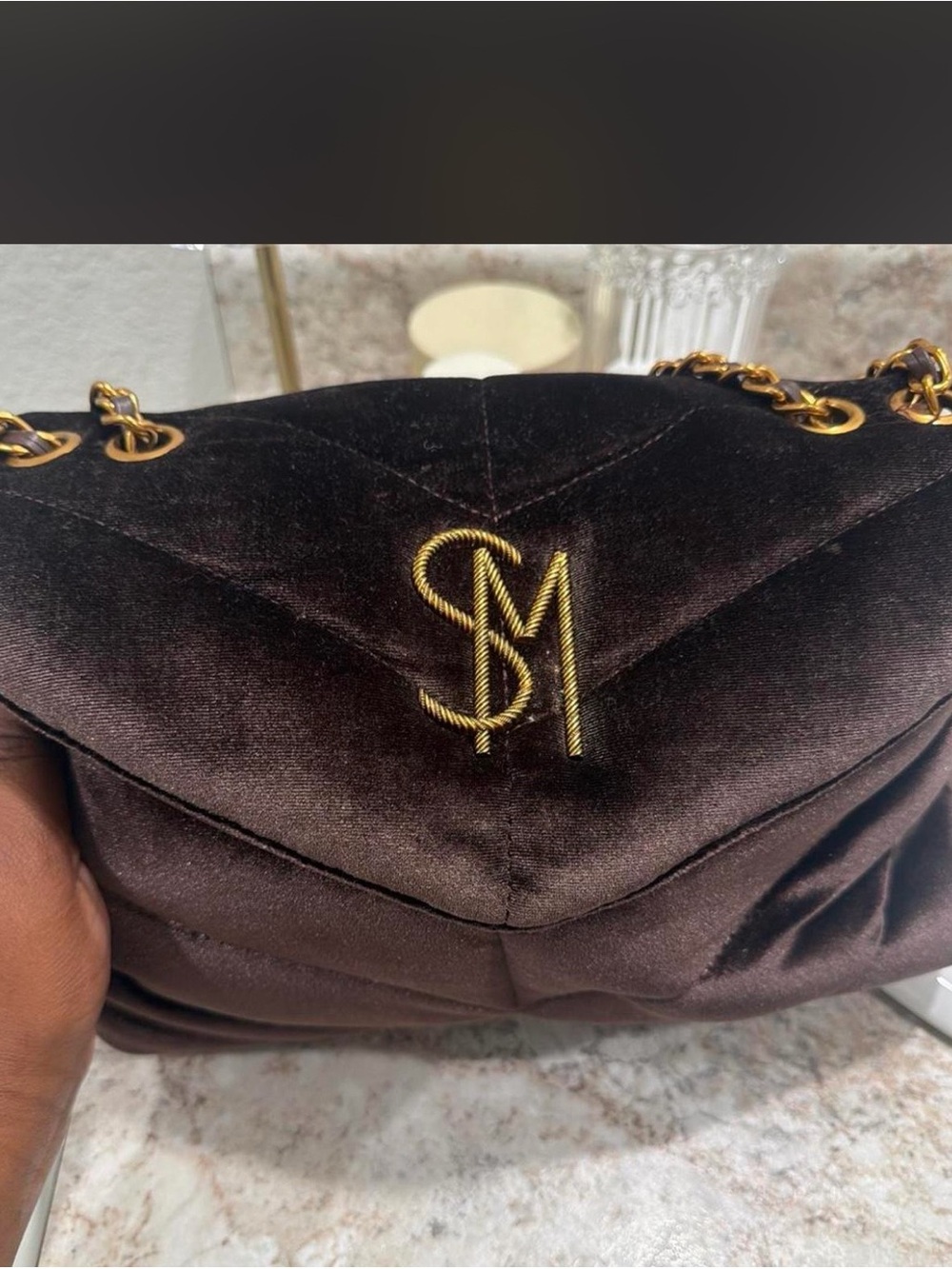 Quilted Velvet Shoulder Bag in Dark Brown with Gold Hardware